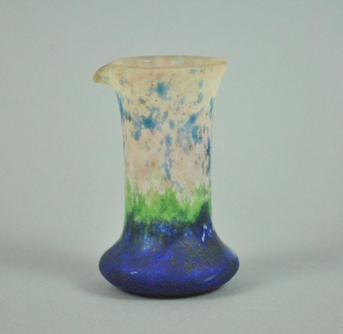 DAUM NANCY DIMINUTIVE POURING VESSEL: in mottled blue, green and pink tones, incised 'Daum Nancy', and with Cross of Lorraine mark, no condition issues, 3.5in.