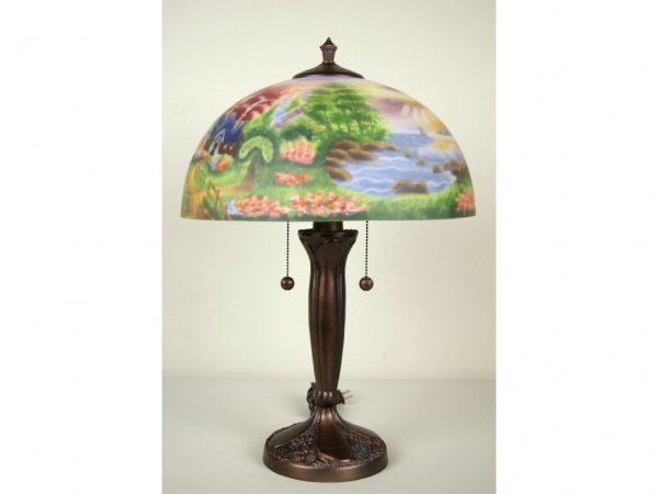 THOMAS KINKADE-STYLE REVERSE PAINTED LAMP, 22in.: THOMAS KINKADE-STYLE REVERSE PAINTED LAMP, 22in.