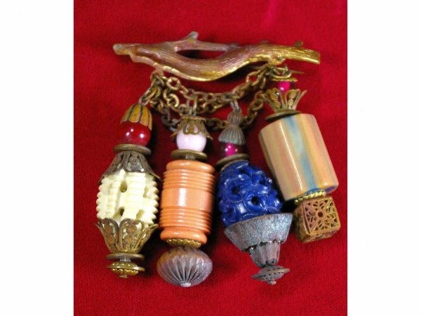 VINTAGE CHATELAINE BRANCH-FORM PIN: with four unique dangling plastic or Bakelite drops with beaded accents