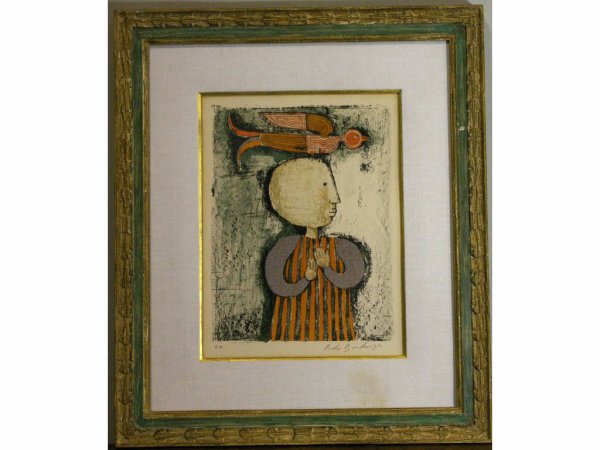 GRACIELA RODO BOULANGER (Bolivian, b.1935): whimsical lithograph depicting a child with a bird perched on his head, pencil signed artist's proof (E.A.), 14x10in.