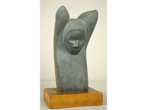 STONE SCULPTURE SIGNED DOROTHY BECKER: "War Within", dated '67, on wooded base, overall 14in.