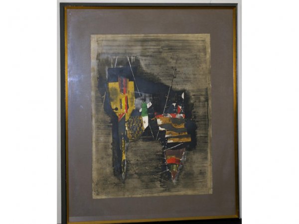 JOHNNY FRIEDLAENDER (German, 1912-1992): abstract etching depicted in dark palette with vibrant color splashes, pencil signed and numbered, 30x22in.