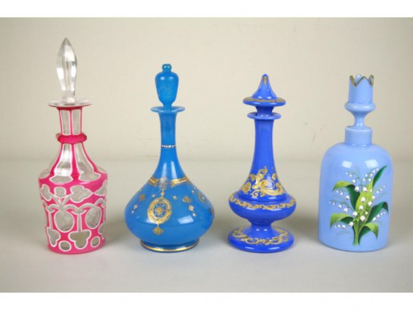 FOUR ENAMELED COLOGNE BOTTLES, 8-9in.