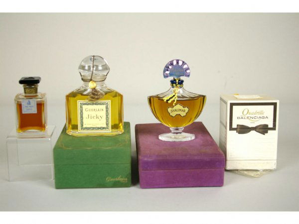 FOUR PERFUMES: including a Guerlain Shalimar in presentation box, a Guerlain Jicky in presentation box, a boxed Balenciaga Quadrille, and a Lanvin My Sin, tallest bottle 4in. The Knoop Collection