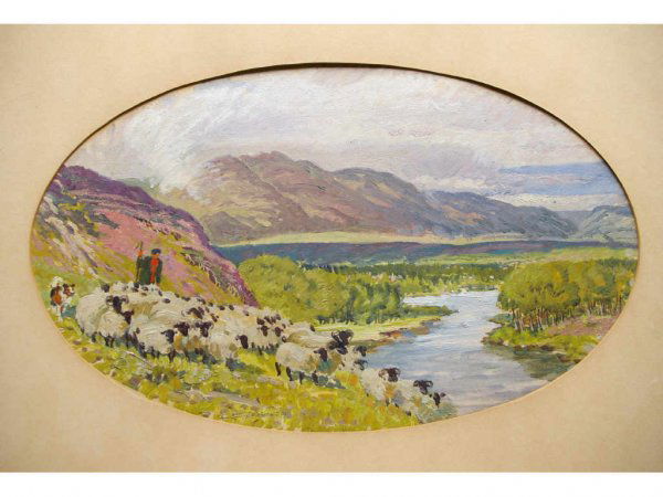 ROBERT LOUGHEED (American, 1910-1982): "Pastoral Landscape with Sheep, Shepherd and Collie", oil or mixed media on illustration board, signed, 10x16in.