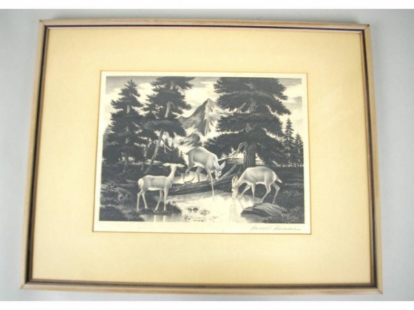 RUSSELL SHERMAN (American, 20th C.): "Quiet Pool", limited edition lithograph depicting deer in a forest, pencil signed, verso with label of Associated American Artists, NY, 8x10in.