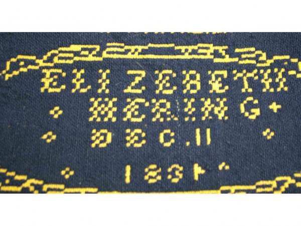 1834 JACQUERED COVERLET ATTRIBUTED TO DAVID HARING: inscribed Elizabeth A. Hering, Dec 11, 1834, attributed to weaver David D. Haring (1800-1889), Bergen County, New Jersey, in double wove blue wool and natural cotton with blue silk, 85x75in. (areas of