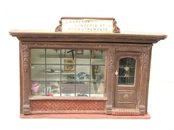 DIORAMA, CHAPEAUX LINGERIE ET ACCOUTREMENTS: translates to "Hats Linen Room and Getups", store diorama displaying fine ladies accessories, lighted, 10x17x7in. The Knoop Collection