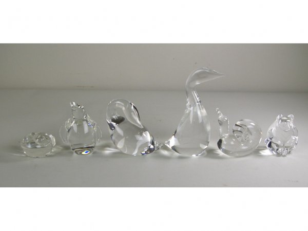 SIX STEUBEN ANIMAL FIGURES: includes a pair of birds, a frog, penguin, bear and snail, 3-6in.
