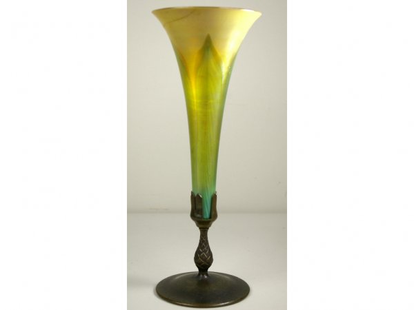 TIFFANY FAVRILE BRONZE-MOUNTED AS-IS TRUMPET VASE: as-is pulled feather vase signed "L.C.T.", as-is bronze base stamped "Tiffany Studios, New York" 1043, 14in.