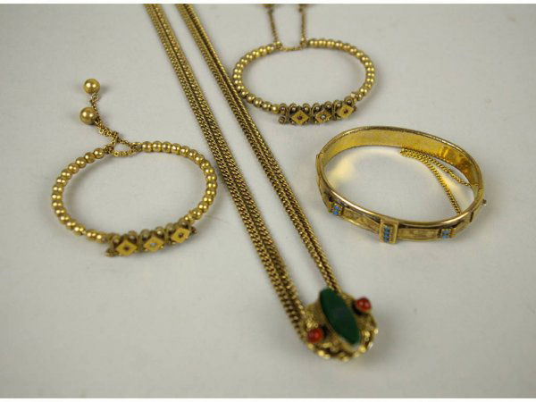 4-PIECE EDWARDIAN JEWELRY GROUP: comprising a fob with intaglio portrait slide pendant, a bangle with turquoise stones, and a pair of bendable beaded bracelets with inset stones and ball chains