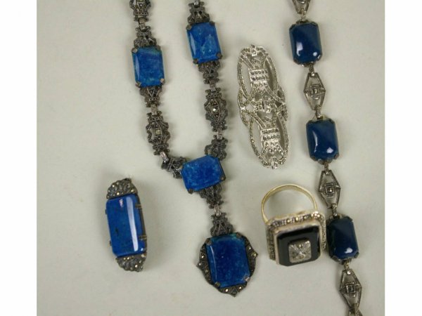 5-PIECE STERLING & MARCASITE JEWELRY GROUP: includes a necklace, a bracelet, two pins, and a ring
