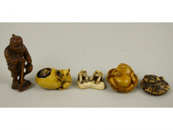 GROUP OF FIVE ANTIQUE NETSUKES: three signed ivory examples include a resting frog, monkey pair, and a rat with owl emerging from egg, together with a gent figure and a clam(?), tallest 3in. The Knoop Collection