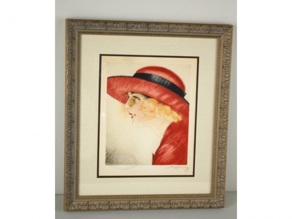 MAX BRUNING (German 1887-1968): "Lady in Red Hat", etching in colors, 11x7in.