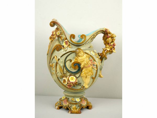 MAJOLICA FIGURAL EWER OF LARGE SIZE: marked WS&S, 14in.