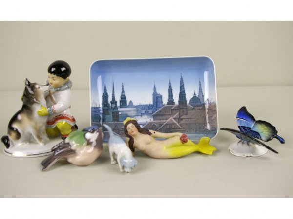 6-PIECE CONTINENTAL PORCELAIN GROUP: including a Rosenthal butterfly, a Copenhagen bird, USSR Eskimo, B&G architectural dish, and a German dog, tallest 5in.
