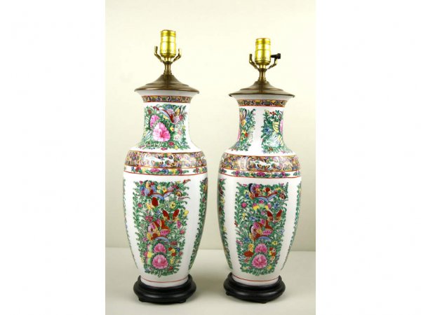 PAIR OF CONTEMPORARY ROSE MEDALLION LAMPS: overall height including harps 34in.