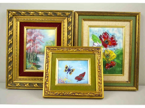 THREE ENAMEL ON COPPER ARTWORKS: two signed Fleming, one signed Szonk, largest 8x6in.