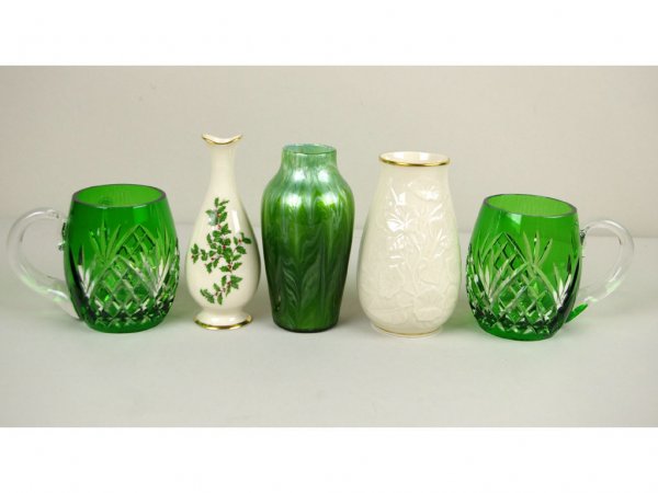 5-PIECE COLLECTIBLE GROUP: includes a pair of Galway Irish green cut-to-clear crystal mugs, a Lenox floral vase, a Lenox Christmas holly bud vase, and a green cased glass vase, tallest 7in.