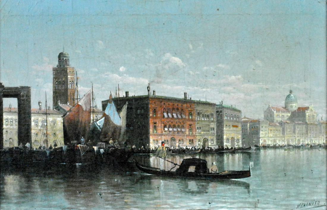 KARL KAUFMANN (German/Austrian, 1843-1901): Venetian Grand Canal scene, oil on canvas, signed with known pseudonym 'H. Carnier' (lower right), UV clean, craquelure, some edge wisps of gold paint from frame repaint, 12.5x18.75in., overall framed