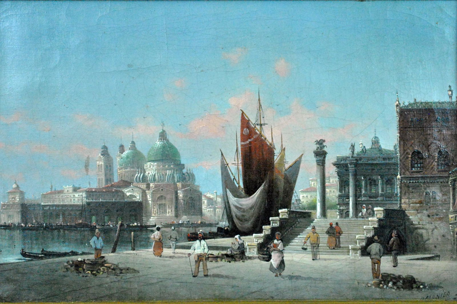 KARL KAUFMANN (German/Austrian, 1843-1901): Venetian Grand Canal pier scene, oil on canvas, signed with known pseudonym 'H. Carnier' (lower right), UV clean, craquelure, some edge wisps of gold paint from frame repaint, 12.5x18.75in., overall f
