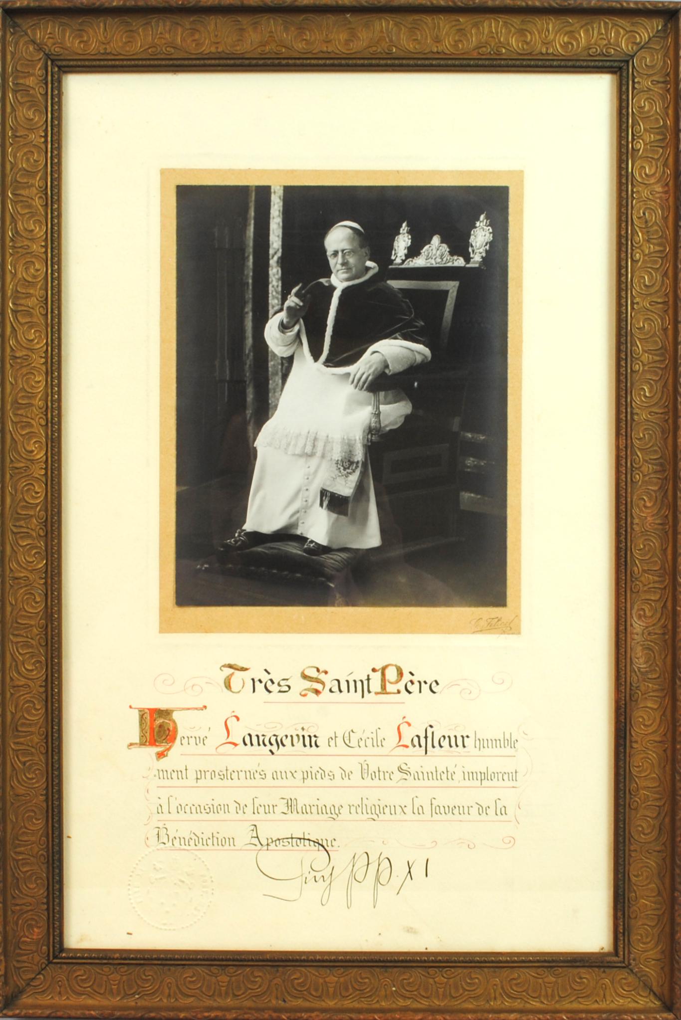 POPE PIUS XI SIGNED MARRIAGE BLESSING (1 of 2)