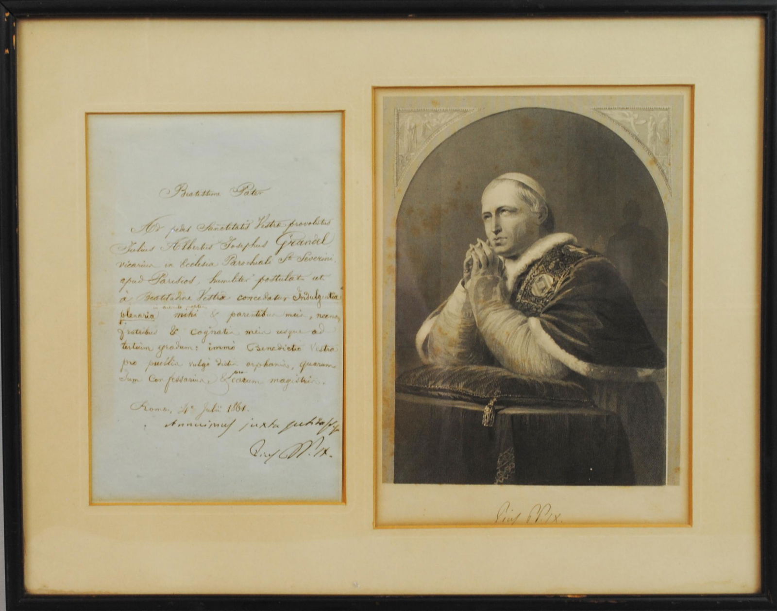 POPE PIUS IX SIGNED NOTE OR SHORT LETTER (1 of 2)
