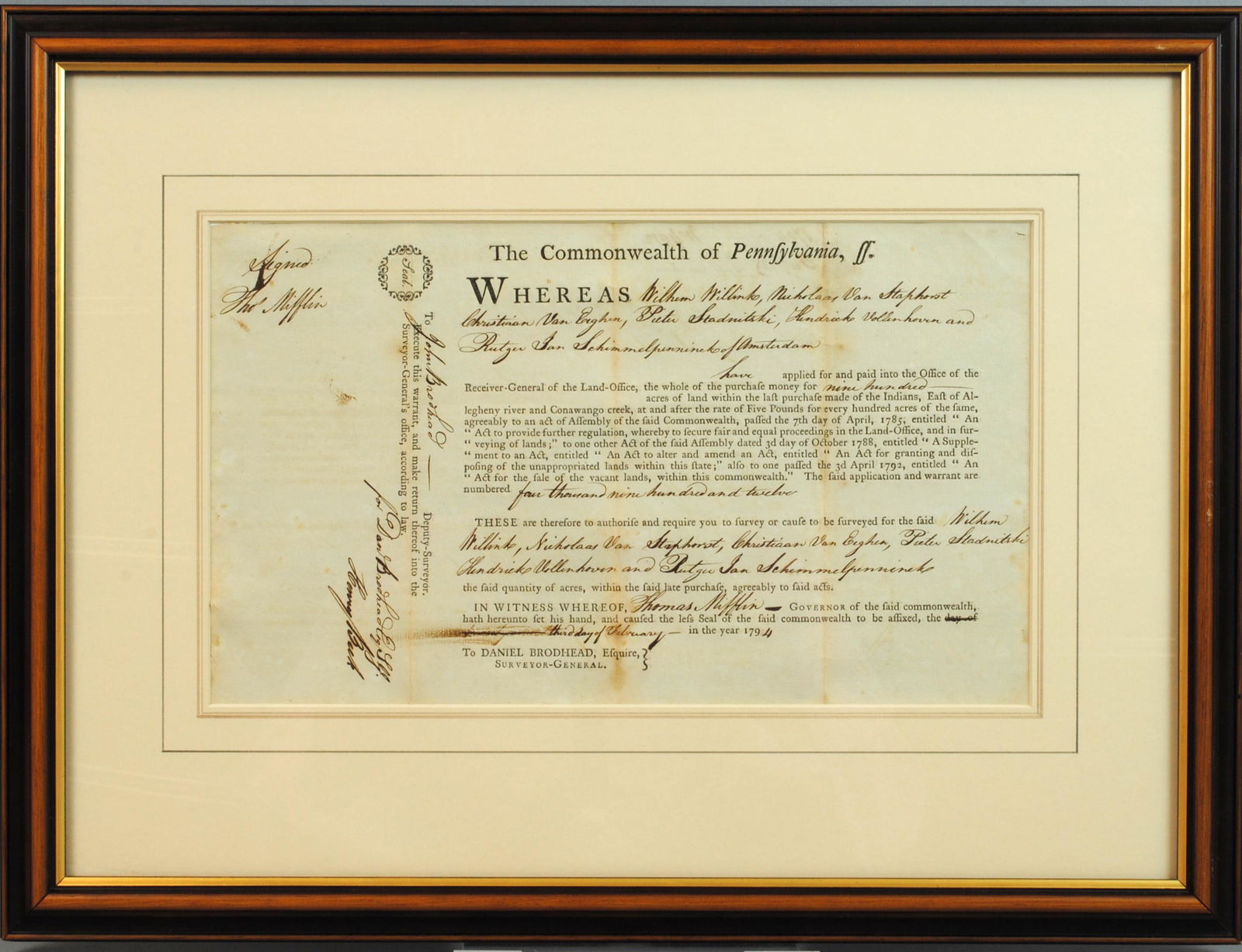 THOMAS MIFFLIN SIGNED PENNSYLVANIA LAND DOCUMENT (1 of 1)