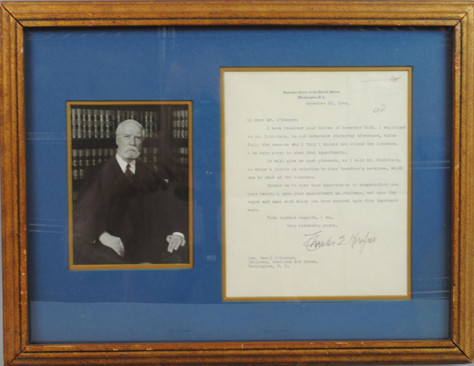 CHARLES EVANS HUGHES SIGNED LETTER - 1944 (1 of 1)