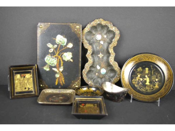 8-PIECE PAPIER MACHE GROUP: including a notebook, 9x6in., dishes, etc. The Knoop Collection