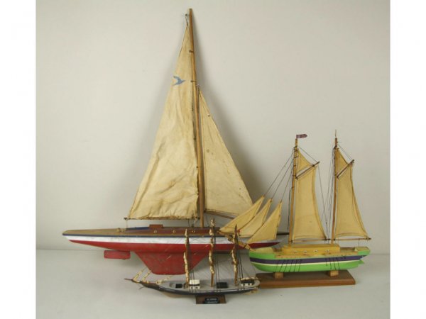 3-PIECE WOODEN BOAT GROUP: including a painted pond sail boat, a fishing yawl, and a three-masted schooner named Yarmouth, longest 28in. The Knoop Collection