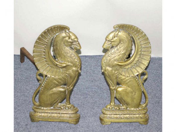 PAIR OF GRIFFIN-FORM BRASS ANDIRONS, 15in.