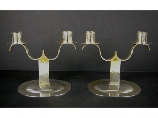 PAIR OF LEIPZIG ART DECO DOUBLE-ARM CANDELABRAS: in 800 silver, 6in., 18.8ozs.