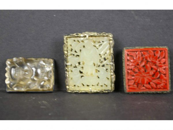 3-PIECE CHINESE JEWELRY GROUP: comprising a crystal pin marked China Silver Bee, a jade clip marked J.II.China, and a cinnabar-type pin The Knoop Collection
