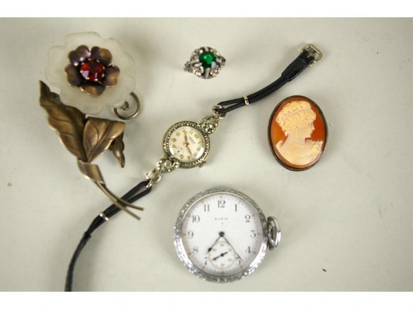 5-PIECE VINTAGE JEWELRY GROUP: comprising a cameo pin, a large sterling floral brooch, a sterling green-stone ring with floral setting, a Rodania ladies marcasite wristwatch, and an Elgin pocket watch (both watches as is)