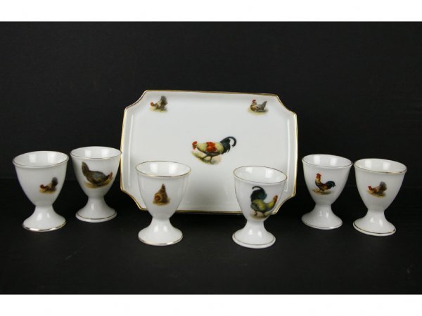 7-PIECE BAVARIAN ROOSTER-DECORATED EGG SET: comprising six 2.5" egg cups and and a 7" tray