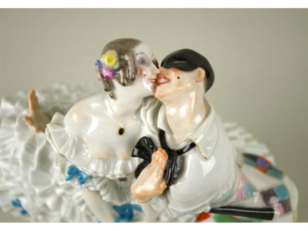 MEISSEN HARLEQUIN AND COLUMBINE FIGURE: from the Russian Ballet Series, underglaze blue crossed swords mark, impressed #1005 or 7005 & 137, 11x9in.