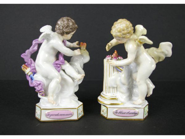 TWO AS-IS MEISSEN CUPID FIGURES: titled "Je blesse et soulage", #F 14 & 83 , and "Je prends mon essor", #F 11 & 137, each with underglaze crossed swords mark, 5in.