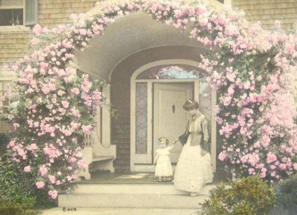 WALLACE NUTTING HAND-TINTED PHOTO: "The Coming Out of Rosa", signed, 4x6in.