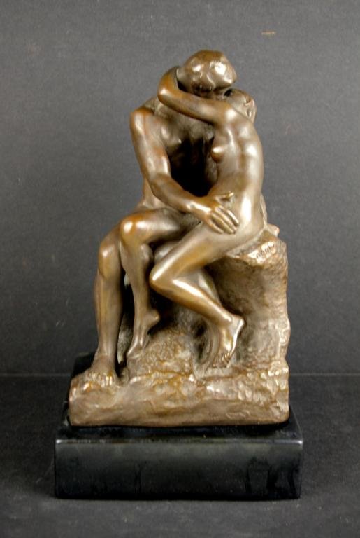 ALVA STUDIOS SCULPTURE AFTER RODIN: The Lovers, foundry mark "Reduction / Mecanique / ...", with inscription "(Bon)?image a Madame / Kate Simpson / (J)?atelier Sept 1902 / A. Rodin", also marked "57 Alva Studios", overall 12in.