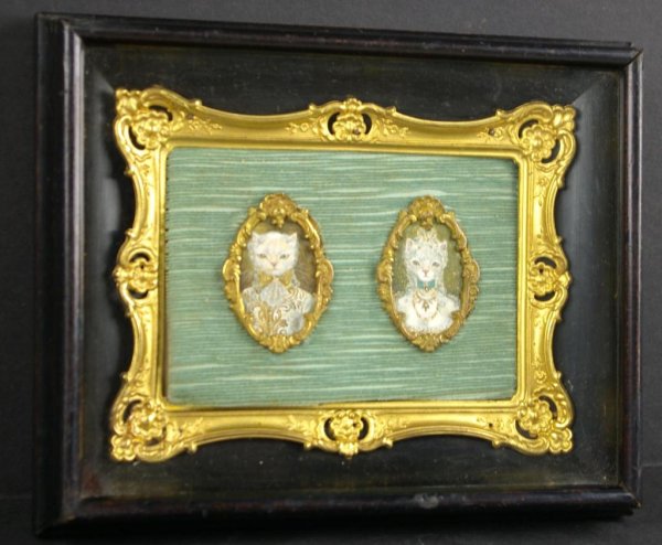 MINIATURE DOUBLE PORTRAIT OF FORMALLY DRESSED CATS: mounted on fabric, overall 7x9in. The Knoop Collection