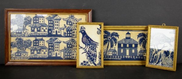 GROUP OF FOUR BLUE & WHITE NEEDLEPOINT ARTWORKS: two depicting houses, largest 8x13in., and two depicting birds, largest 4x7in. The Knoop Collection