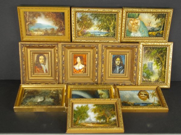 GROUP OF 11 MINIATURE PAINTINGS SIGNED R.J. HALL: depicting portraits, landscapes, pirates, etc., some marked verso "Robert J. Hall / Painter of Landscapes etc. in Miniature / ...England...", most 3x5in. The Knoop Collection