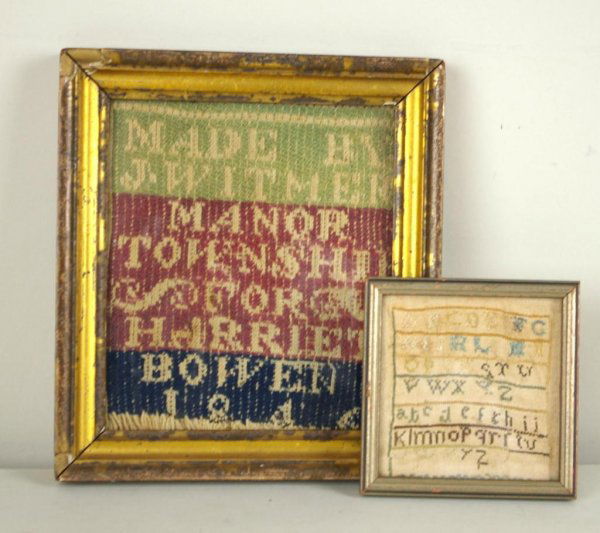 TWO SMALL FRAMED SAMPLERS: one "Made By J. Witmer / Manor Township / For Harriet Bowen / 1846", 7x6in., the other a miniature sampler of the alphabet, 4x4in. The Knoop Collection
