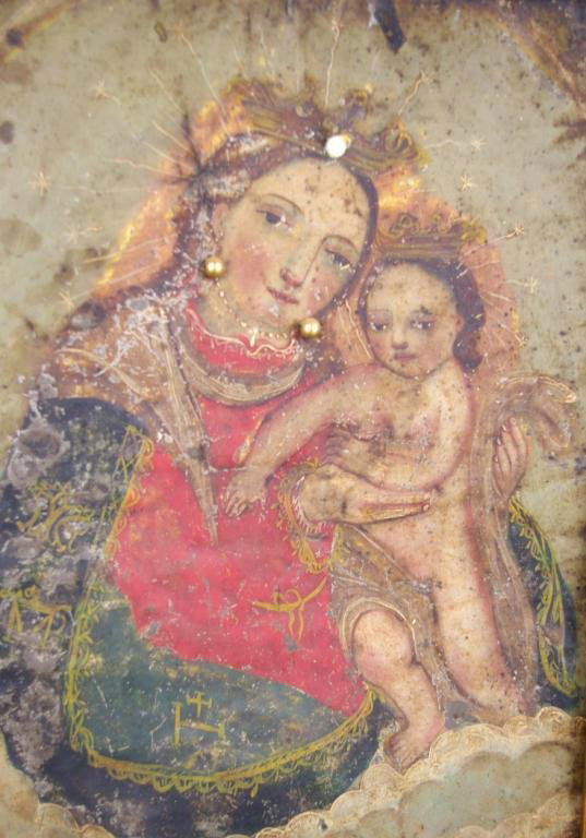 ANTIQUE PAINTING ON METAL OF MADONNA AND CHILD: depicted crowned, 13x9in. The Knoop Collection