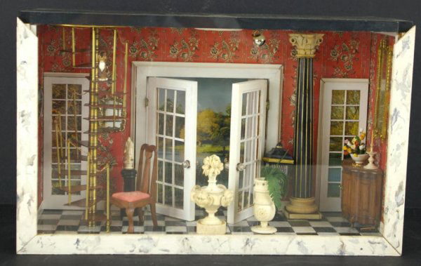 ENTRANCE FOYER DIORAMA WITH CARVED IVORY FOUNTAIN: by Jeanne Knoop c.1980, including miniature furniture pieces, a bone fern stand, topiaries, bird cage on stand, Corinthian column with ebony and ivory elements, a demi-lune commode, rococo-style mirro