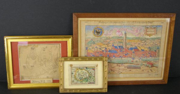 THREE ANTIQUE FRAMED MAPS: including a double page, hand-colored map of Norlingen Germany dated 1549, a double page uncolored engraving of Albany NY dated 1794, and an early hand colored etching of Franconia, Germany, likely c.