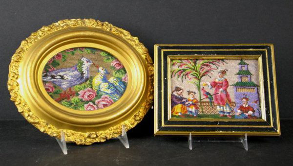 TWO FRAMED ANTIQUE BEADED PICTURES: one an Asian scene with figurals, pagoda and parrot, the other a pair of lovebirds centering florals, both 4x5in. The Knoop Collection