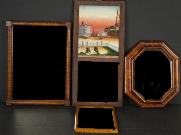 FOUR ANTIQUE MIRRORS: including an eglomise paneled type titled "View of Broadway, New York", two tiger maple variations, and a faux tortoise shell style, largest 20x10in. The Knop Collection