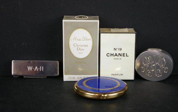 5-PIECE LADIES VANITY GROUP: including a sterling lipstick compact, sterling pill box, enameled mirror compact, and two unopened perfumes, Chanel No. 19 (14ml) and Miss Dior (7.5 ml), both compacts monogrammed